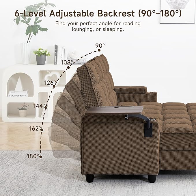 70.9" Chaise Lounge Chair Indoor, Oversized Boucle Upholstered Sofa Bed, Adjustable Backrest Deep Seat Reading Chair, Sofas Couches for Living Room with Storage, Cup Holders and 360° Swivel Side Table