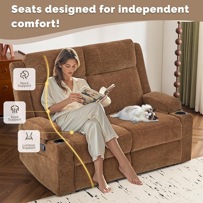 PALLOME Manual Reclining Loveseat Sofa, 2-Seater Recliner Couch with Cup Holders, Fabric Reclining Sofa for Living Room/RV (Brown)