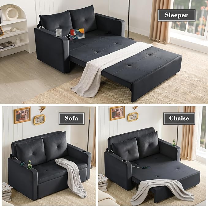 Krcix 3 in 1 Pull Out Couch, 56 Inch Velvet Sofa Bed, Convertible Loveseat Sleeper Sofa for Living Room, Small Space, Upholstered Couch Bed with USB, Cup Holder(Black)