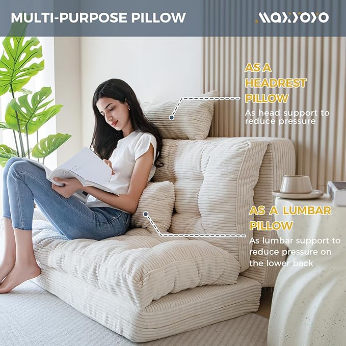 MAXYOYO Bean Bag Bed Tufted Folding Sofa Bed with Pillows Floor Mattress for Adults, Extra Thick and Long Floor Sofa, Full Floor Couch Bed for Bedroom Living Room, Beige, 54x91 Inch