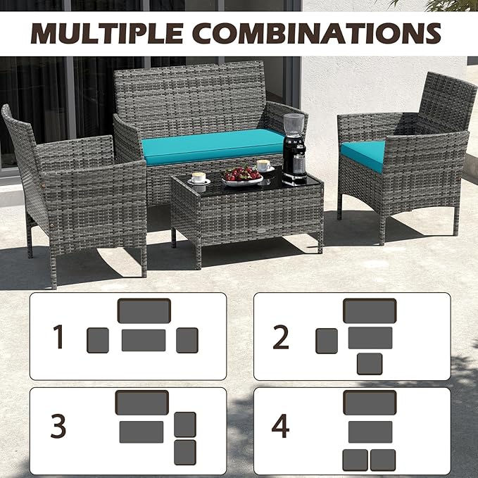 RELAX4LIFE 4-Piece Patio Furniture Set - Rattan Outdoor Conversation Bistro Set w/Cushions, Glass Coffee Table, Wicker Chairs & Loveseat for Garden Backyard Porch Balcony (1, Mix Grey-Turquoise)