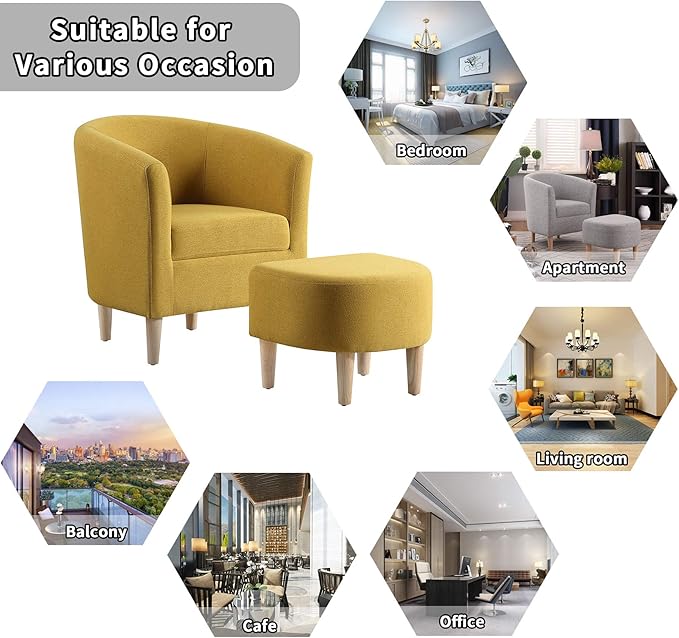 DAZONE Accent Chairs Set of 2 Mid Century Modern Chair with Ottoman Comfy ArmChair Footrest Set Comfortable Living Room Chairs Upholstered Barrel Club Tub Chair for Bedroom Reading Room Mustard Yellow