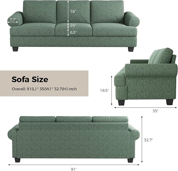 COPIAE 91 Inch Lawson Sofa with Extra Deep Seats Oversize, Mid-Century 3-Seat Sofa Couch, for Living Room, Apartment, Lounge, Green