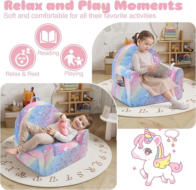 MeMoreCool Comfy Toddler Chair for 1-3 Years Old, Glow Unicorn Kids Reading Chair, Soft Plush Toddler Armchair, Cozy Foam Lounge Kids Armchair for Baby Room, Living Room, Playroom, Reading Nook