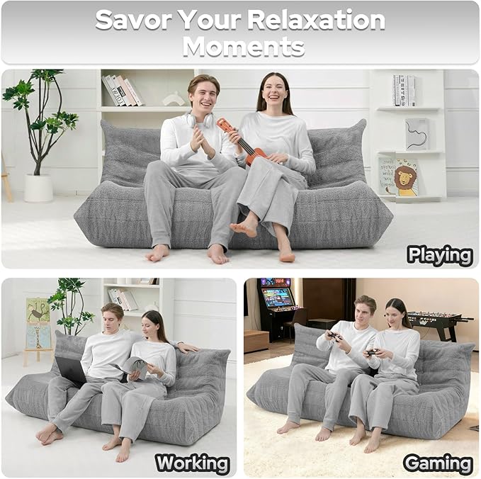 HABUTWAY Bean Bag Chairs Fireside Lazy Floor Sofa, Soft Teddy Fleece 3 Seater Sofa with High-Resilience Foam Filling，Beanbag for Living Room, Bedroom, Office (Light Gray Teddy)