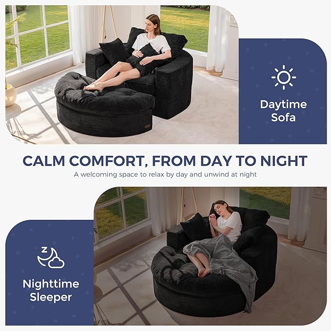MAXYOYO Oversized Round Chaise Lounge Sofa, Upholstered Lounge Chair with 3 Pillows, Boneless Sofa Couch with Ottoman, Deep Seat Sleeper Chair for Living Room, Bedroom, No Assembly, Black