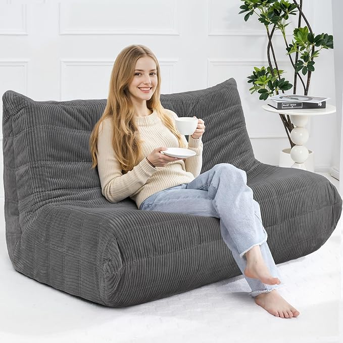 Bean Bag Chair,Giant Beanbag Chairs for Adults,Comfy Large Fireside Chair Lazy Sofa,Corduroy Bean Bag Lounger with Memory Foam Filled,Floor Sofa Couch for Living Room (Dark Grey, Loveseat)