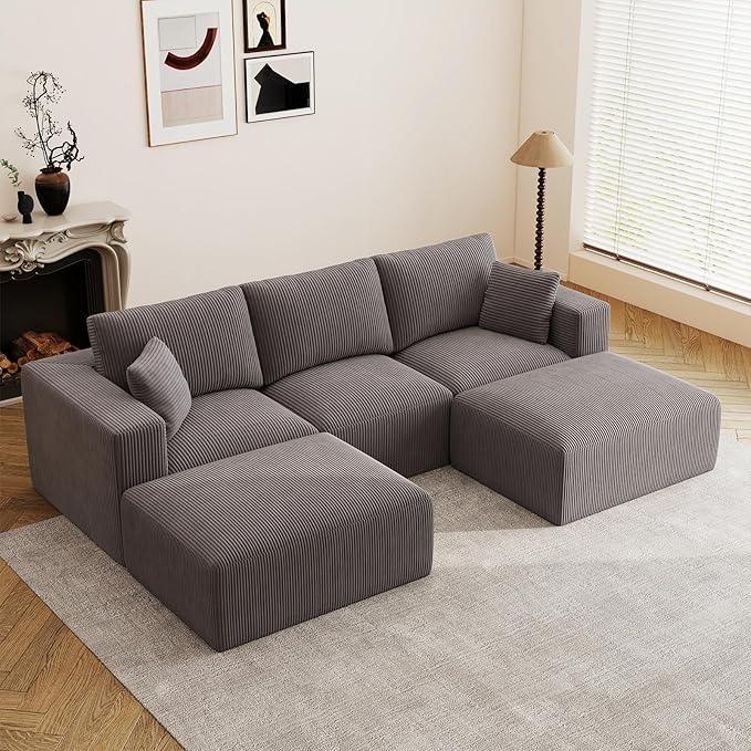 110" Modular Sectional Sofa, Boneless Couch U Shaped Memory Foam Cloud Couch with Chaise, Cozy Upholstered Corduroy Floor Couch, No Assembly Required Living Room Furniture for Apartment Home, Grey