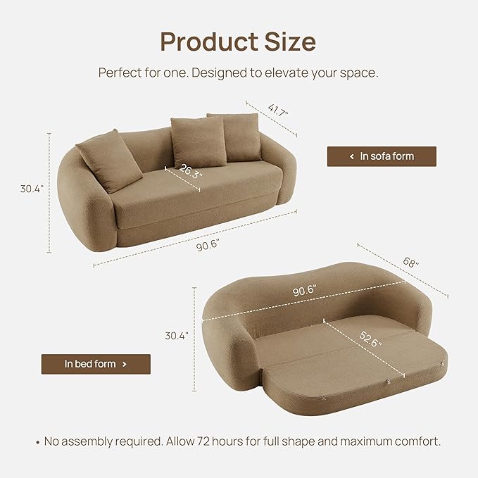 SICOTAS 90.6" Curved Convertible Sofa Couch Bed for Living Room Futon Cloud Boneless Sleeper Sofa Pull Out Floor Couch with Deep Seat Modern 3 Seater Foam Bed No Assembly for Bedroom Apartment, Brown