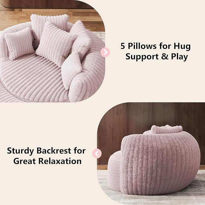 Oversized Chaise Lounge Chair Indoor with Ottoman 50.5" W x 67.0" D Round Soft Corduroy Comfy Oversized Reading Chair with 5 Pillows for Living, Reading Room - Pink