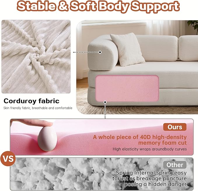 KEIKI 75" Modern Floor Sofa Bed with Convertible Blanket Pillow,Enhanced Frame Stability,Compressed Couch for Living Room Bedroom
