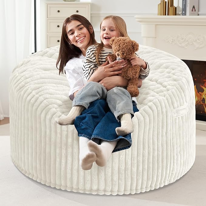 Homguava 4 FT Bean Bag Chair,4' Big Bean Bag,Large Bean Bag Chairs for Adults with Memory Foam Filled,Comfy Beanbag Chairs Soft Bean Bag Sofa with Dutch Corded Plush Cover-White