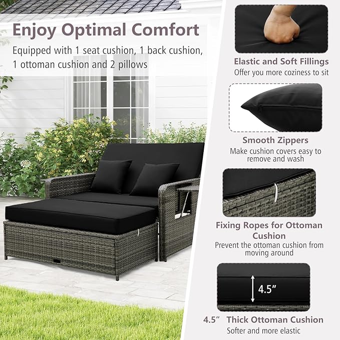 RELAX4LIFE Wicker Patio Outdoor Daybed - Rattan Day Bed Lounger w/Loveseat & Storage Ottoman, Sunbed Sofa Set w/Cushions, 4-Level Adjustable Backrest & 2 Retractable Trays, Patio Daybed (Black-Grey)