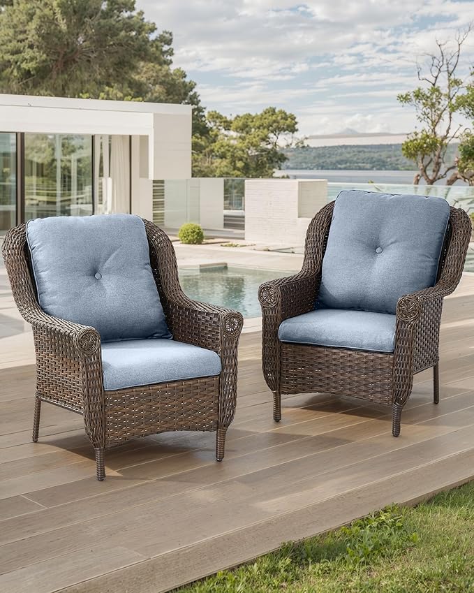 ACTREST Patio Wicker Chairs Outdoor Furniture Chair - Set of 2 Outside All Weather Lawn Dining Brown Rattan Armchair with High Back&Deep Seating for Deck Porch Balcony Backyard Garden - Baby Blue