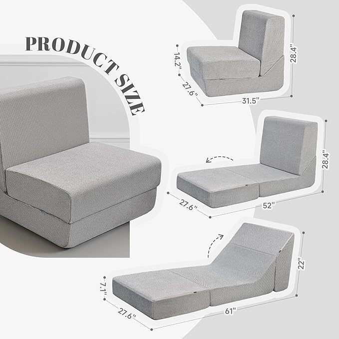 Folding Sofa Bed, Convertible Sleeper Chair with High-Density Foam, Portable Fold Out Chair Bed, Mattress Boneless Floor Sofa for Living Room, Bedroom, Office, Single