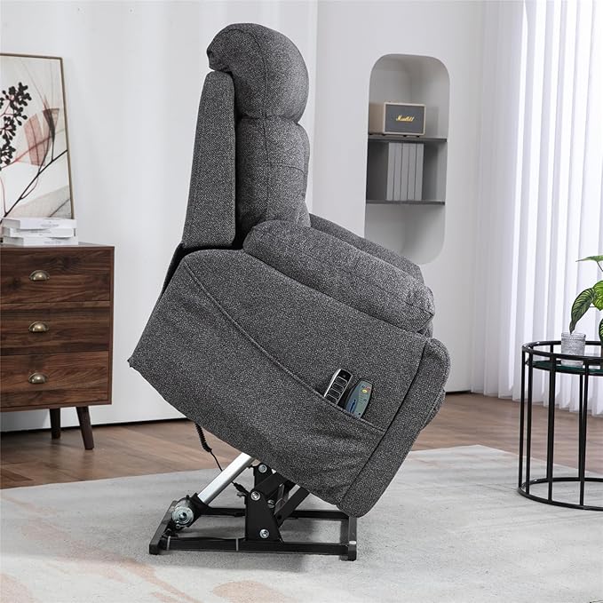 Lay Flat Power Lift Recliner Chair, | 400lbs | 25.5in Extra Wide | 4-Motor | Heat, Massage, Hidden Cup Holder, Sleeping | Big Man, Elderly (Light Grey)