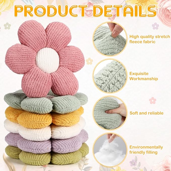 Coume 6 Pcs Flower Floor Pillows, Daisy Throw Pillows 16 Inch Flower Seating Cushions for Back to School Reading Classroom Sofa Couch Bed Decor (White, Pink, Purple, Yellow Green, Dark Green)