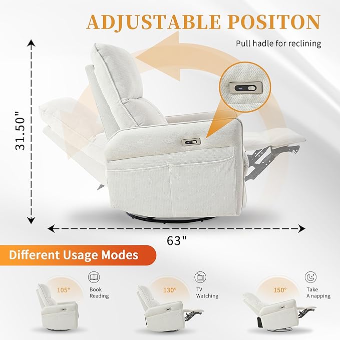 QKFF Power Swivel Rocker Recliner Chair for Nursery, Upholstered Snowflake Velvet 270°Swivel Glider Rocker Chair with USB Ports, Small Power Recliners for Small Spaces Living Room
