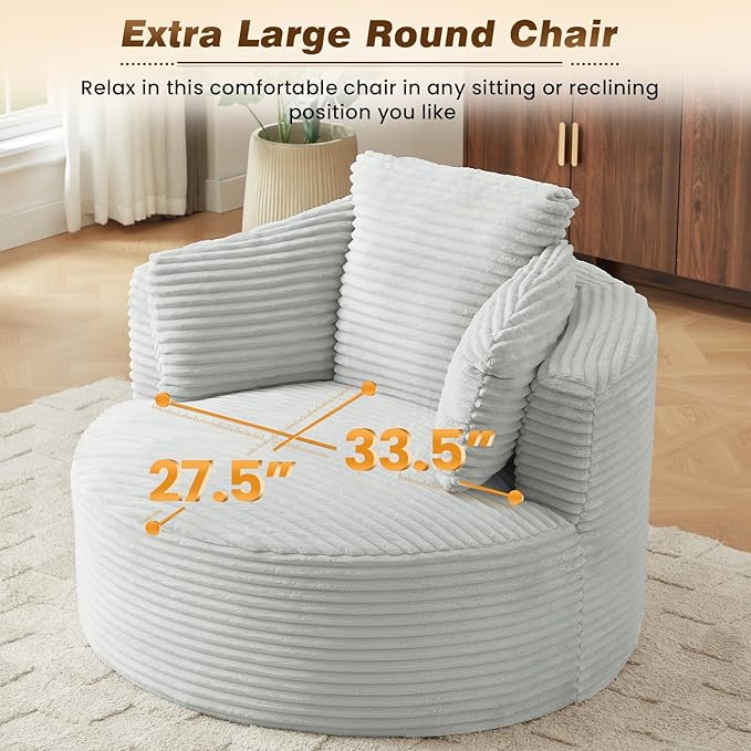 48"W Oversized Round Chaise Longue Chair Indoor,Corduroy Fluffy Comfy Cloud Chair,Circle Bean Bag Sofa with Foam Filling & Pillows,Boneless Reading Cozy Sofa Chairs for Living Room,Bedroom,Light Grey