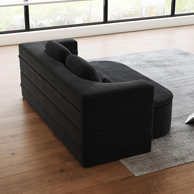 Antetek Convertible Sleeper Sofa, Modern Folding Futon Corduroy Floor Foam Compression Loveseat Sofa Bed Couch, Foldable Full Size Guest Bed with 4 Pillows for Living Room Bedroom Apartment, Black