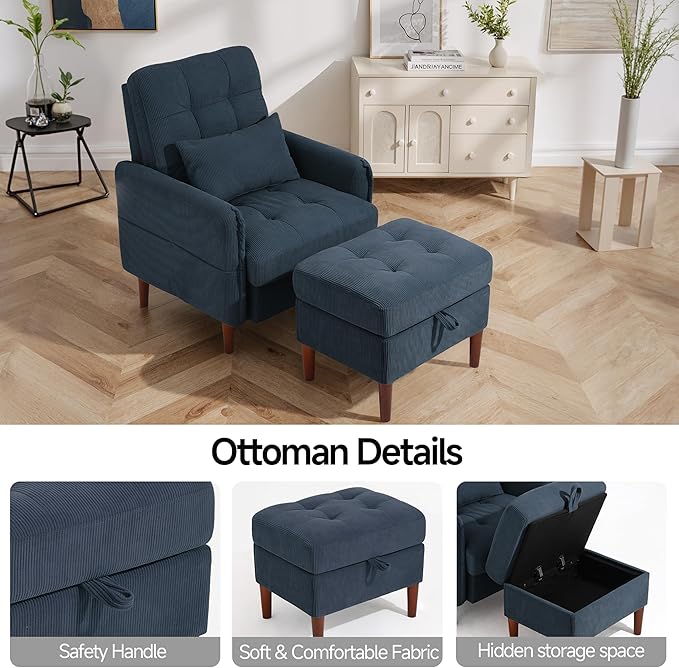 Lumibee Accent Chair with Storage Ottoman, Upholstered Comfy Reading Chair with Adjustable Reclining Backrest, Corduroy Fabric Lounge Chair Armchair for Living Room Bedroom, Navy