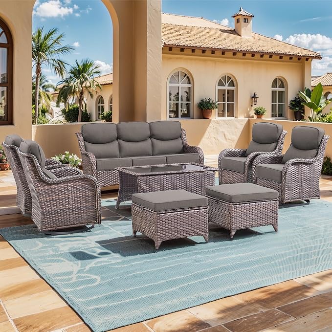 moosprr Luxury High Back Outdoor Furniture with 6-inch Extra Thick Cushions, Patio Furniture Set with Swivel Chairs, 8 PCS Wicker Conversation Set for Yard, Deck, Poolside, Brown/Grey