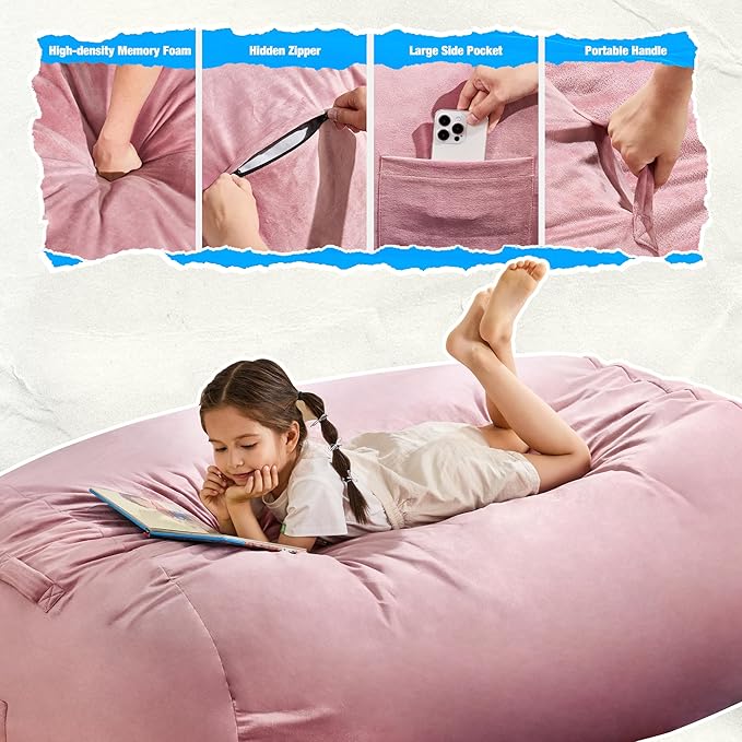 Hobestluk 3FT Bean Bag Chair Large Beanbag with Removable Cover Adult Bean Bag Chair with Portable Handle Desgin for Living Room Bedroom (Pink, 3FT)