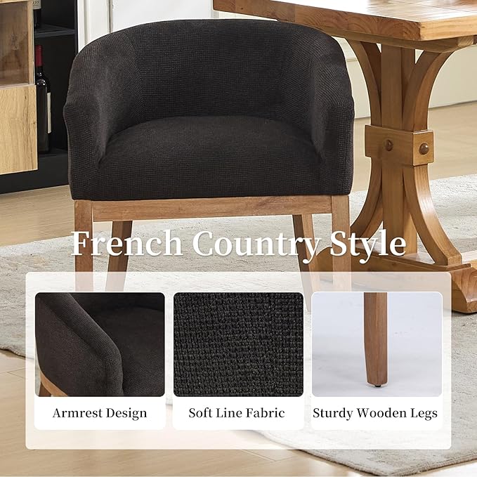 Shenyon Mid Century Modern Dining Chairs Set of 2, Upholstered Linen Fabric Dining Room Chairs with Arms and Solid Wood Legs, Comfy Barrel Accent Chairs for Dining Room, Living Room, or Cafe,Black
