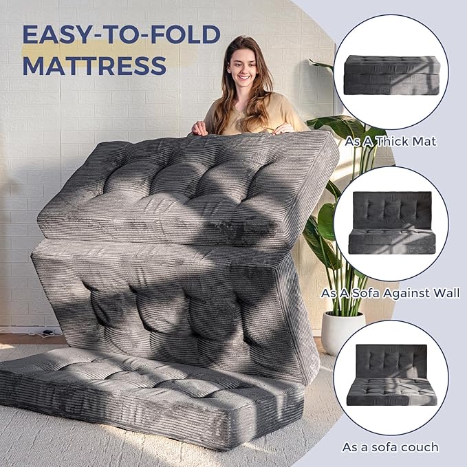MAXYOYO Tri-Fold Mattress, 6 Inch Tufted Folding Futon Foam Bed, Foldable Floor Mattress Guest Bed Futon Topper Portable Camping Sleeping with Corded Fabric, Dark Grey, 59"x79"