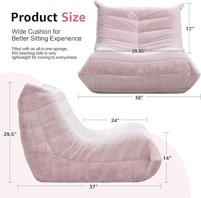 Bean Bag Chairs for Adults Giant Bean Bag Chair Memory Foam BeanBag Chair Bean Bag Sofa with Filler Faux Fur Fireside Beanbags Lazy Sofa for Living Room Bedroom Office (Pink Plush, Single)