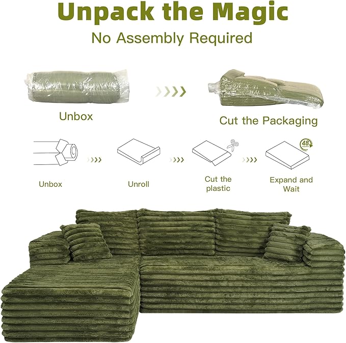 Sectional Cloud Boneless Couch for Living Room Bedroom, Comfy Modern L Shaped Modular Sofa with Left Facing Chaise, Deep Seat Memory Foam Couch in Box, No Assembly (Wide Striped Corduroy, Green)