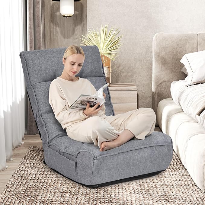 KOMFOTT Folding Floor Chair for Adults, Floor Gaming Chair with 5-Position Adjustable Headrest & 4-Position Adjustable Backrest, Side Pocket, Floor Seating Lazy Sofa for Reading, Meditating, Grey