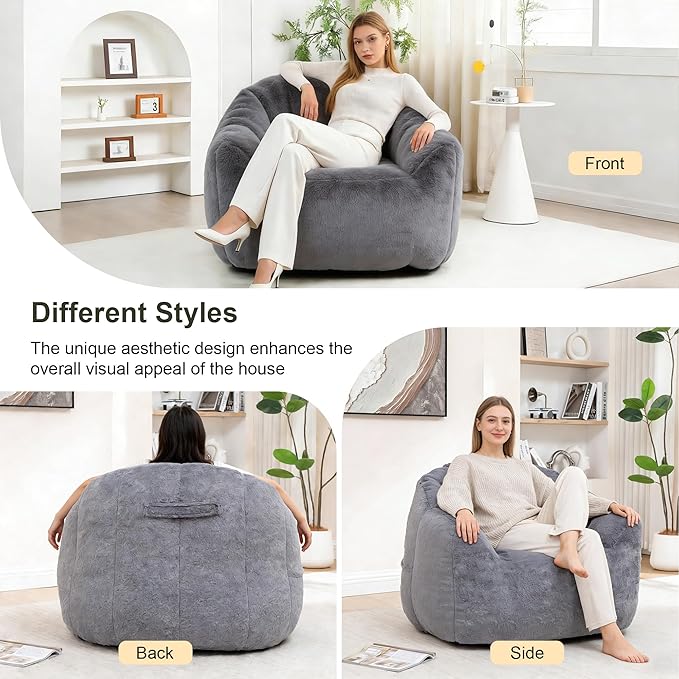 Bean Bag Chair, Bean Bag Couch for Adults and Kids, Comfy Shell-Shaped Chair with Filler Armrests Stuffed High-Density Foam Stuffed Sofa Lounge Floor Sofa for Bedroom,Gaming, Reading,Gray