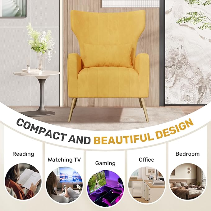 Nalupatio VModern Accent Chairs for Living Room Chairs Upholstered Velvet Fabric Reading Chair Mid Century Arm Chair Comfy Armchair,Yellow
