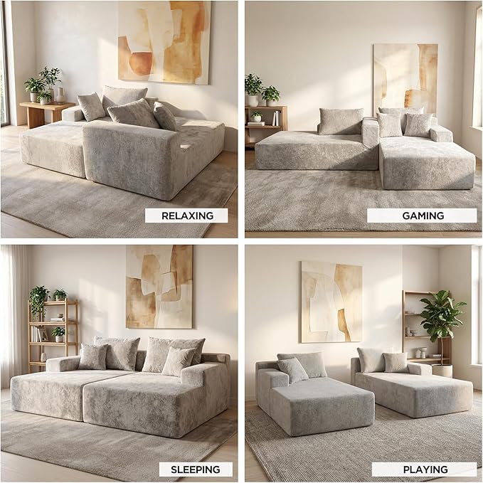 SYTOPIA Loveseat Chaise Lounge with Armrests, Oversized Sofa Bed with 4 Pillows, Cozy Boneless Sleeper, Modular Sectional Couch for Living Room Bedroom, Floor Chair Furniture sala Chenille, Urban Grey