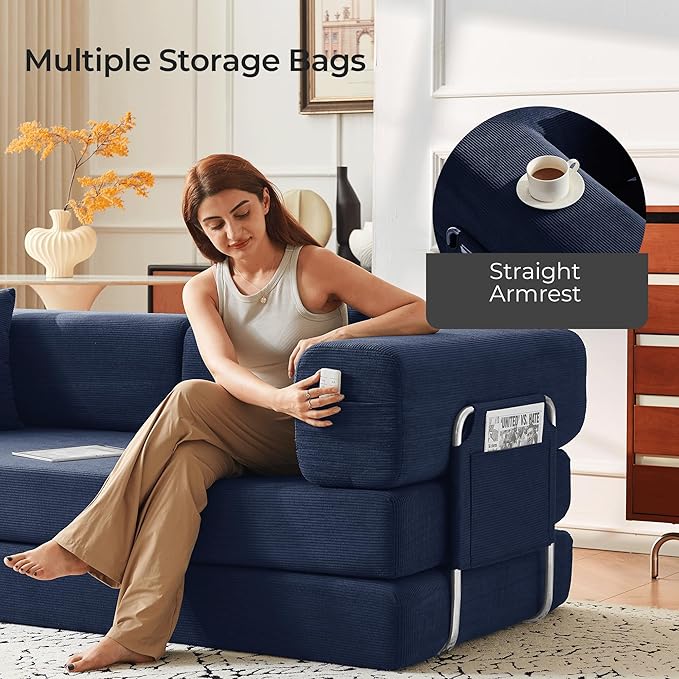 79" Convertible Sofa Bed with Pillows, Corduroy Folding Sleeper Sofa with Fixed-Shape Frame, Boneless Couch for Living Room Bedroom, Floor Sofa Lounge No Assembly Required (A - Style - Blue)