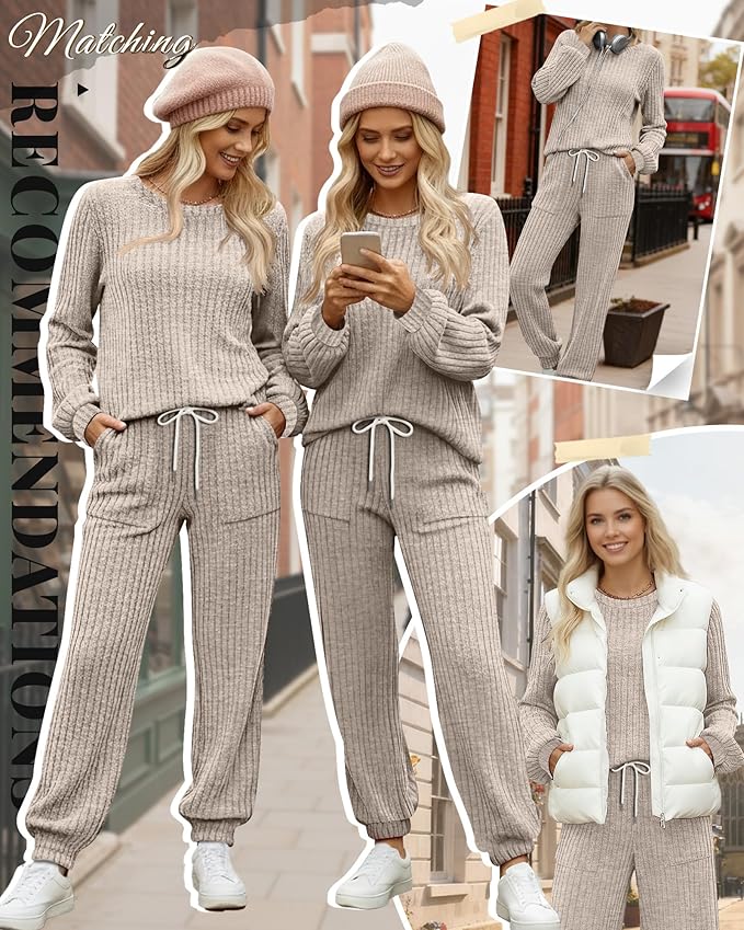 Sweetyweee Women's Ribbed Knit Lounge Sets 2 Piece Outfits Long Sleeve Pajamas Set Loungewear Sweatsuits Fall Pjs with Pocket