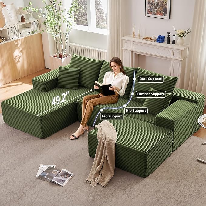 Lakifun 107" L-Shape Sofa with Ottoman, Modern Modular Sectional Comfy U-Shape Cloud Couch, Deep Seat, Upholstered Corduroy Sleeper Chaise Longue for Living Room Bedroom, No Assembly Required, Green