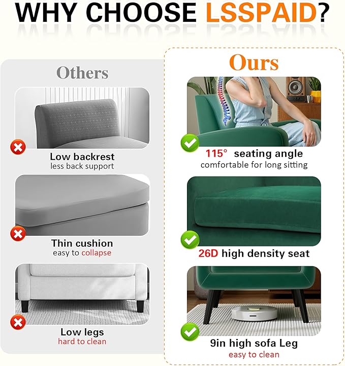 LSSPAID Accent Chair, Modern Velvet Living Room Chairs, Comfy Upholstered Armchairs Single Sofa Chair with Solid Wood Legs, Green