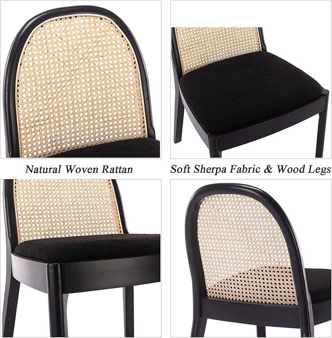 DUOMAY Mid-Century Modern Rattan Dining Chairs Set of 8, Wooden Dining Room Chair with Cane Backrest and Padded Seat, Black Sherpa Upholstered Dining Chair, Black Finish