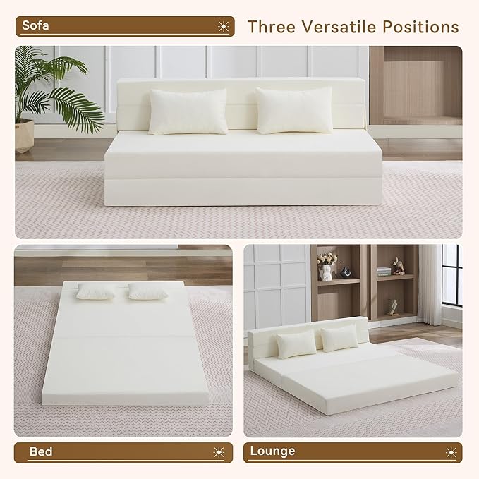 Folding Sofa Bed Convertible Floor Couch Foldable Chair Bed with Pillow，Linen Sleeper Chair Futon,Foldable Memory Foam Mattress for Bedroom/Living Room/Dorm/Office (Beige, Queen)