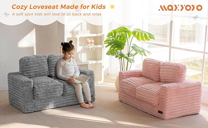 MAXYOYO Extra Wide Kids Bean Bag Chair, Comfy Faux Fur Bean Bag Sofa with Filler, Upholstered Floor Sofa with Pillows and Armrests, Lazy Floor Chair Couch for Boys and Girls, Pink