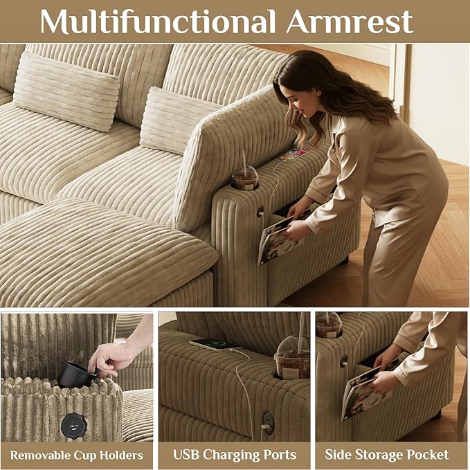 130" W x 67" D U Shape Sectional Sofa with USB Charging & Cup Holder & Storage, 6 Seater Plush Corduroy Couches with Movable Ottoman, Cloud Couch Sofas for Living Room, DIY Combination - Light Camel