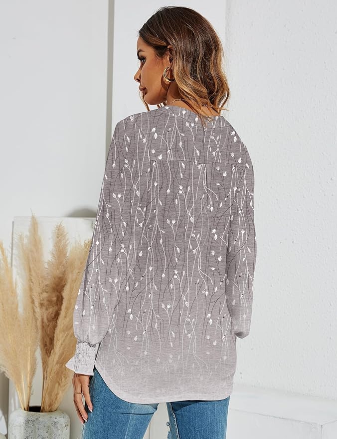Romanstii Women's Casual V-Neck T-Shirts Loose Puff Long Sleeve Tops Tunic Blouses