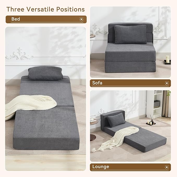 Folding Sofa Bed Convertible Floor Couch Foldable Chair Bed with Pillow，Linen Sleeper Chair Futon,Foldable Memory Foam Mattress for Bedroom/Living Room/Dorm/Office (Dark Grey, Single)