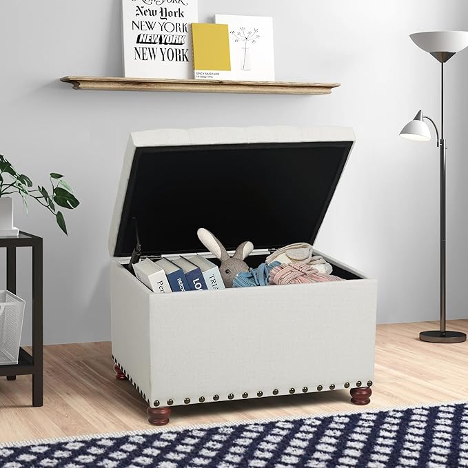Joveco Storage Ottoman Linen Button Tufted Bench with Rivet, Rectangular Footrest Stool Coffee Table Seat for Living Room Bedroom, Off White