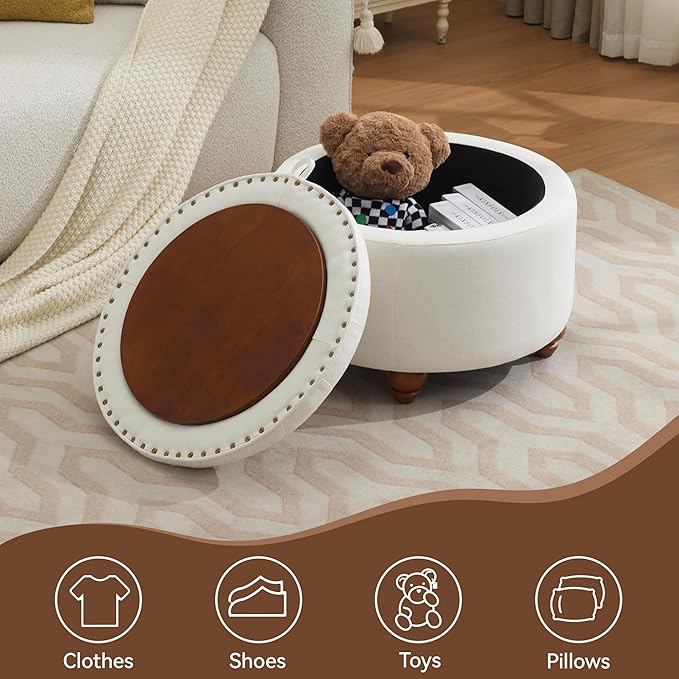 WUTUTUEE 24Inch Round Storage Ottoman with Tray, Modern Tufted Fabric Circle Coffee Table with Storage, Upholstered Ottoman with Removable Top for Living Room, Bedroom, Beige