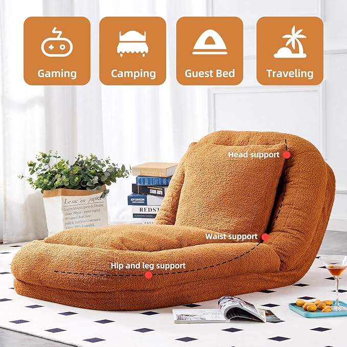 Cozy Brown Folding Sofa Chair with 5 Adjustable Positions – Perfect Plush Lounge Chair for Gaming, Meditation, and Relaxing Anytime!