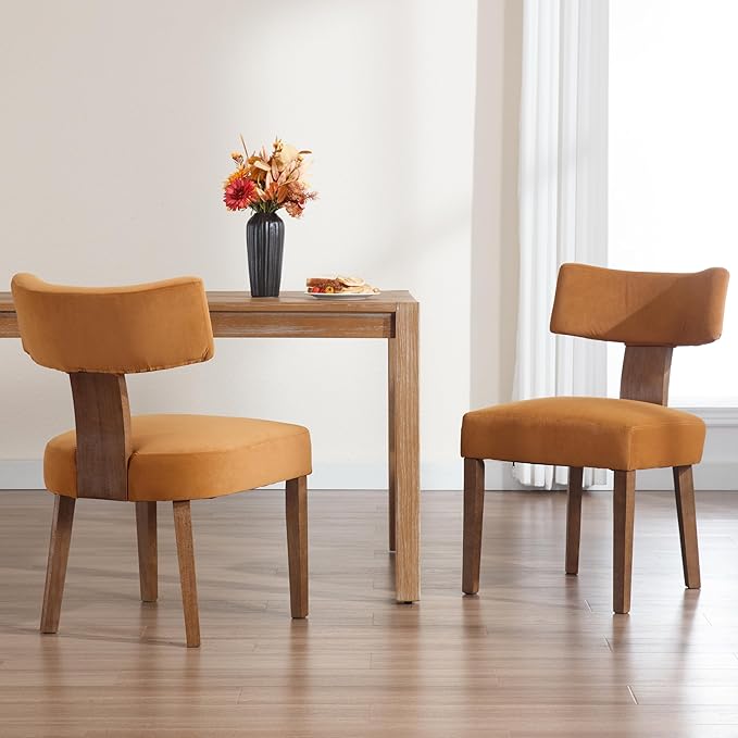 RIVOVA Upholstered Dining Chairs Set of 2, Modern Wooden Kitchen Chairs Fabric Side Dining Room Chair Farmhouse Dinner Chair for Kitchen Dining Room, Yellow Brown