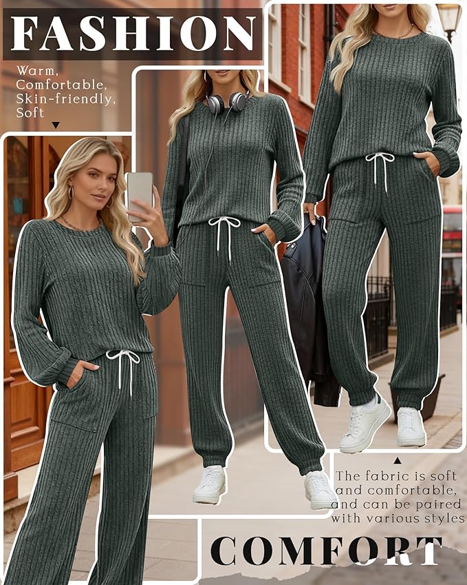 Sweetyweee Women's Ribbed Knit Lounge Sets 2 Piece Outfits Long Sleeve Pajamas Set Loungewear Sweatsuits Fall Pjs with Pocket